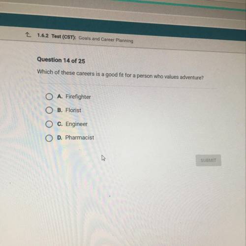 Question 14 of 25

Which of these careers is a good fit for a person who values adventure?
O A. Fi