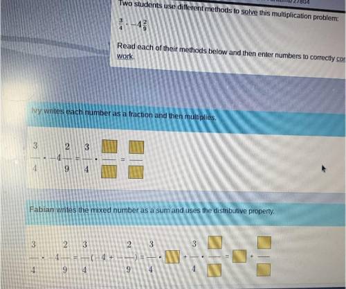 Two students use different methods to solve this multiplication problem:

3/4*-4 2/9
Read each of