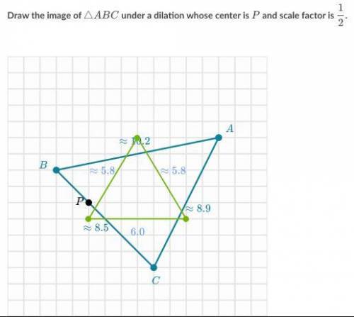 Draw the image of △ABC under a dilation whose center is P and scale factor is 1/2.