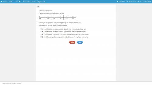 Function g is an exponential function passing through the points (0,800) and (4,0). Which statement