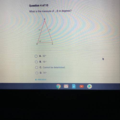 What is the measure of B, in degrees?