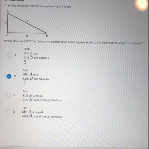 Which statement best explains why the sine of an acute angle is equal to the cosine of the angles c