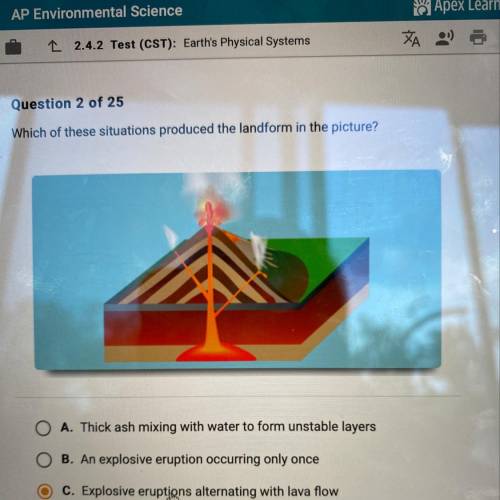 Which of these situations produced the landform in the picture?

O A. Thick ash mixing with water