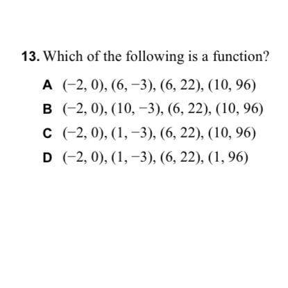 Which of the following is a function?

A. (-2,0),(6,-3),(6,22),(10,96)
B. (-2,0),(10,-3),(6,22),(1