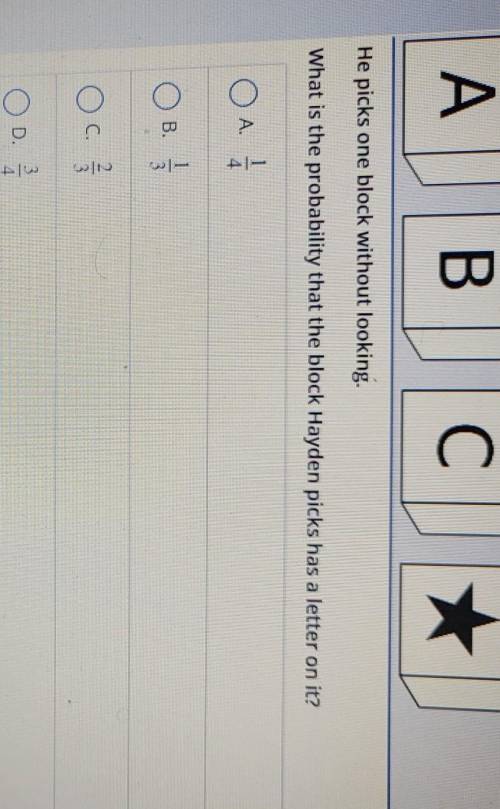 Hayden places these four blocks into a bag. A B С He picks one block without looking. What is the p