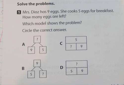mrs. diaz has 9 eggs. she cooks 5 eggs for breakfast. how many eggs are left? which model shows the