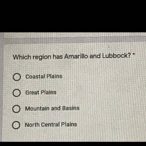 Which region has Amarillo and Lubbock?

A. Coastal Plains
B. Great Plains
C. Mountain and Basins
D