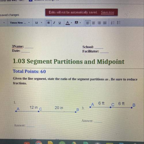 Given the line segment, state the ratio of the segment partitions as . Be sure to reduce

fraction