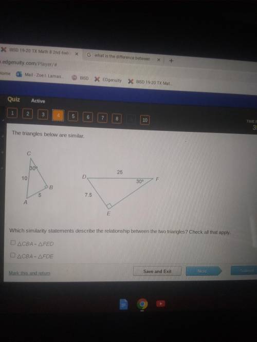 the triangles below are similar which similarity statements describe the relationship between the t