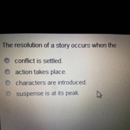 The resolution of a story occurs when the

conflict is settled
action takes place
characters are i