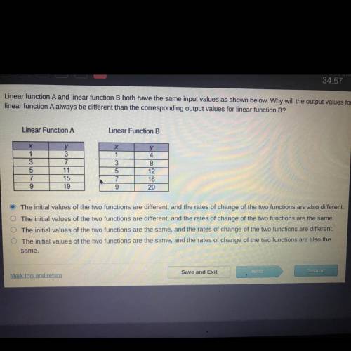 Linear function A and linear function B both have the same input values as shown below. Why will th