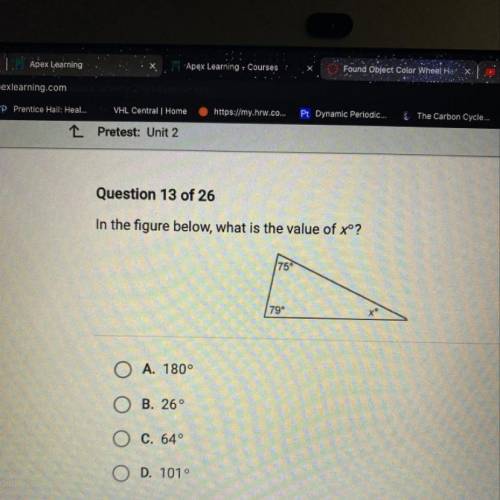 In the figure below, what is the value of xº?

75°
79°
O A. 180°
B. 26°
O C. 64°
O D. 101°