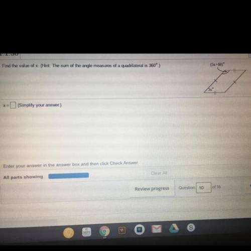 Find the value of x. (Hint: The sum of the angle measures of a quadrilateral is 360°.)
(5x+60)