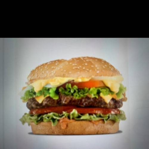 Look at the burger in the image. What factors should you consider before purchasing the burger?