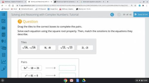 Solve each equation using the square root property. Then, match the solutions to the equations they