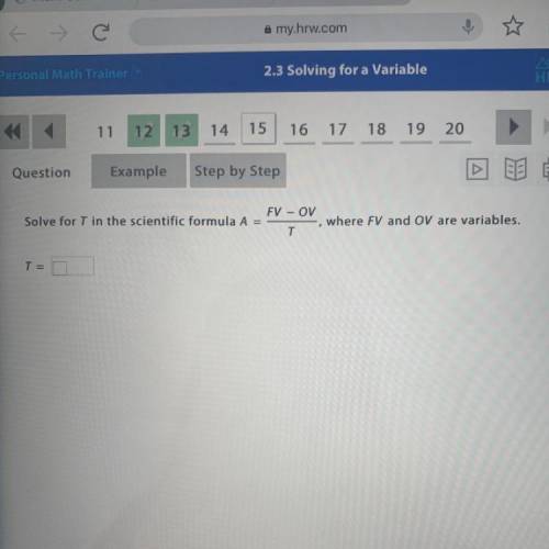 Solve for T in the scientific formula A=FV-OV/T, where FV and OV are variables.