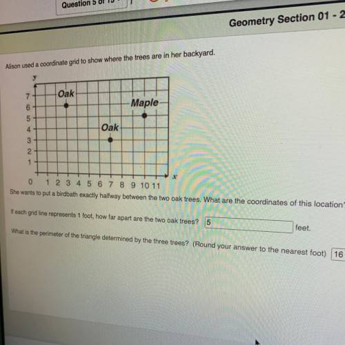 Alison used a coordinate grid to show where the trees are in her backyard. She wants to put a birdb