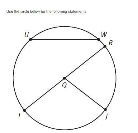Name one radii of circle Q.

Name the diameter in circle Q.
Name a chord in circle Q.
State whethe
