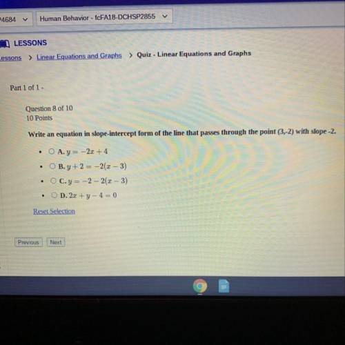 write an equation in slope-intercept form of the line that passes through the point (3,-2) with slo