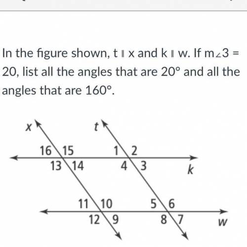 In the figure shown, t ∥ x and k ∥ w. If m∠3 = 20, list all the angles that are 20° and all the ang