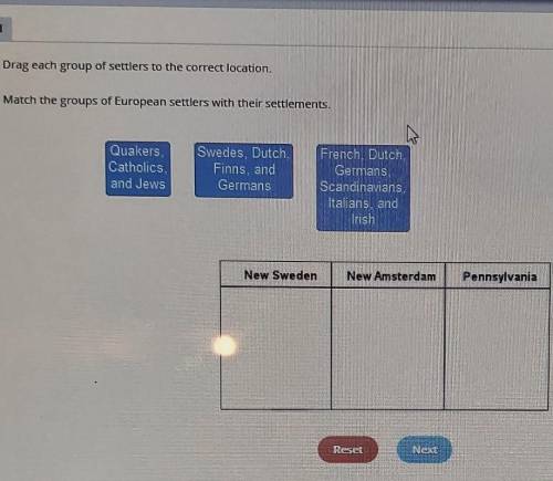Drag each group of settlers to the correct location. Match the groups of European settlers with the