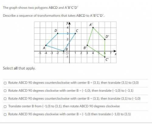The graph shows two polygons ABCD and A′B′C′D′

Describe a sequence of transformations that takes