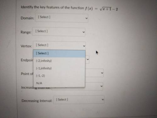 Identify the key features of f(x)=√(x+1) -2