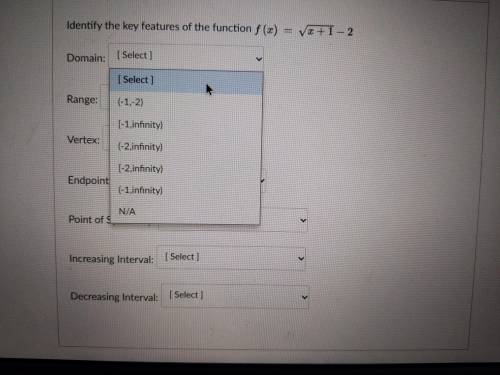 Identify the key features of f(x)=√(x+1) -2