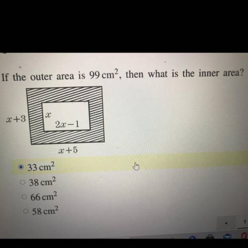 Can y’all please help me ?? 
If the outer area is 99 cm², then what is the inner area?