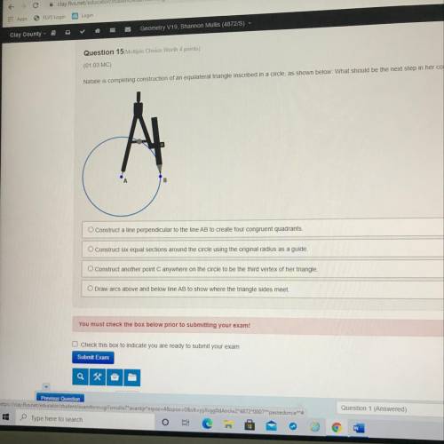 Natalie is completing construction of an equilateral triangle inscribed in a circle, as shown below