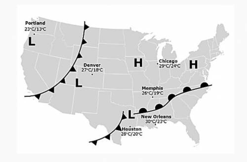 If the weather map above is from today’s forecast, which city is most likely to see its temperature