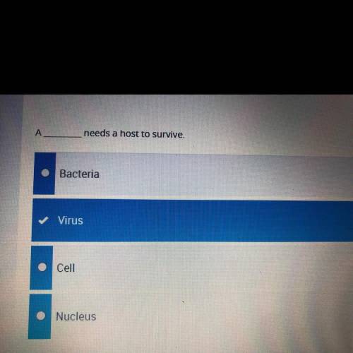 A __ needs a host to survive.
Bacteria
Virus
Cell
Nucleus