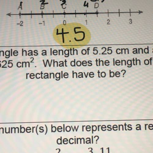 A rectangle has a length of 5.25 cm and area of

44.625 cm? What does the length of the
rectangle