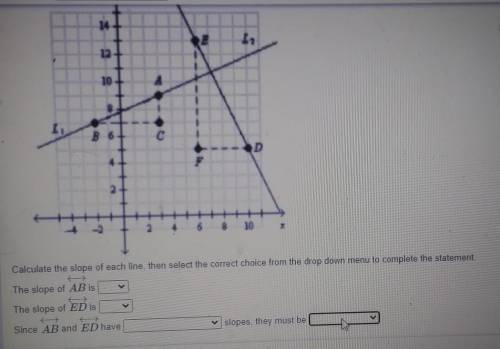 Calculate the slope of each line, then select the correct choice from the drop down menu to complet