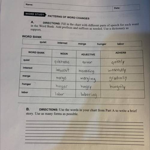 Use the words in your chart from part A to write a brief story. Use as many forms as possible.