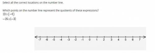 Which points on the number line represent the quotients of these expressions? 12 divided by -6 and