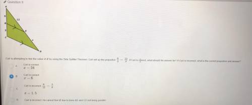 Carl is attempting to find the value of X by using the side splitter theorem. Carl set up the propo