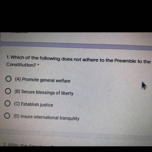 Which of the following does not adhere to the preamble to the us constitution?