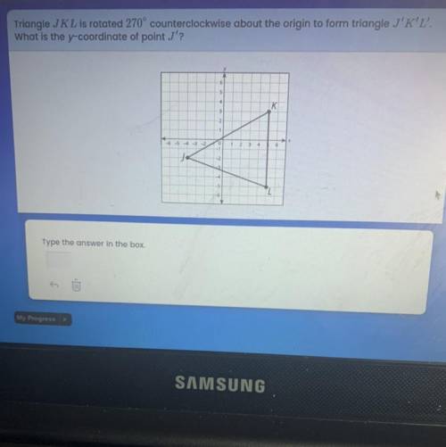 Triangle JKL is rotated 270° counterclockwise about the origin to form triangle J'K'L'.

What is t