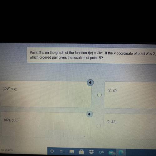 Point B is on the graph of the function f(x)=-3x^2. If the x-coordinate off point b is 2, which ord