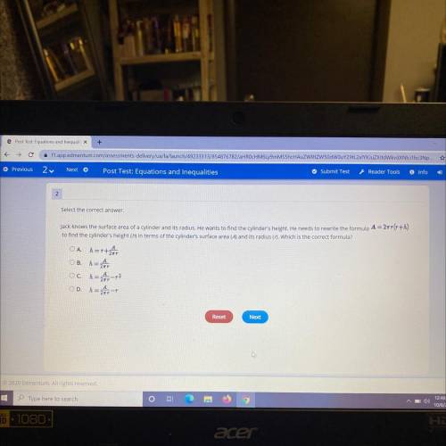 Select the correct answer.

Jack knows the surface area of a cylinder and its radius. He wants to