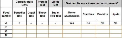 Collect data: Use the four available tests to find the nutritional content of samples E, G, and M.