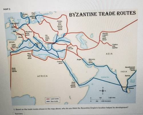 Based on the routes, why do you think the Byzantine Empire location helped its development