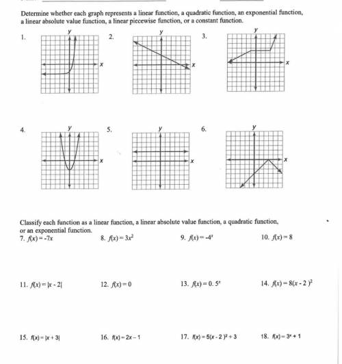 clarify each function as a linear function, a linear absolute value function, a quadratic function,