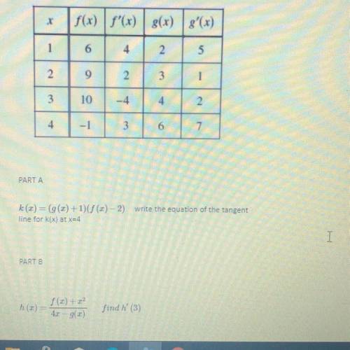 PLEASE HELPP!!

Part A: 
k(x) = (g(x)+1) * (f(x)-2) write the equation of the tangent line for k|x