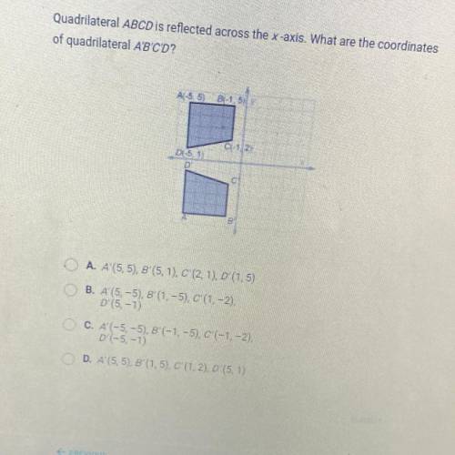 Question 4 of 5

Quadrilateral ABCD is reflected across the x-axis. What are the coordinates
of qu