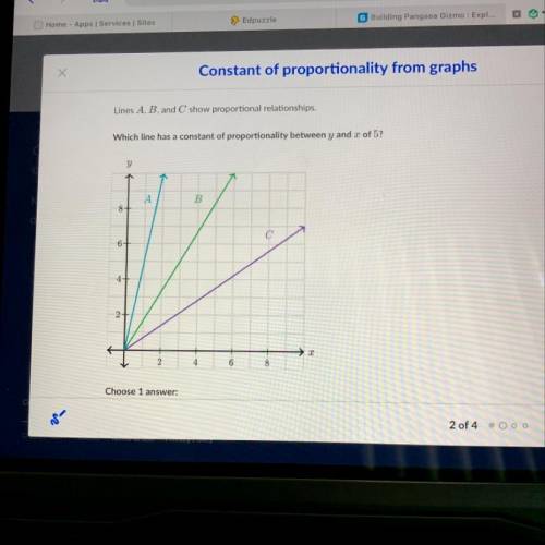 Which line has a constant of proportionality between y and x of 5