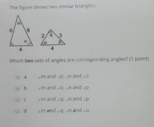 The figure shows two similar triangles which two sets of angles are corresponding angles?