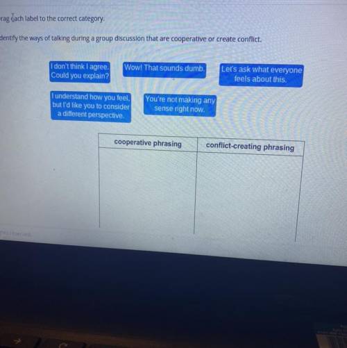 Drag Cach label to the correct category.

Identify the ways of talking during a group discussion t