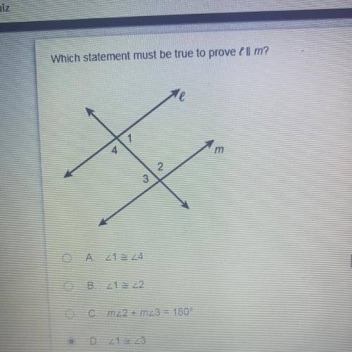 Which statement must be true to prove l || m?